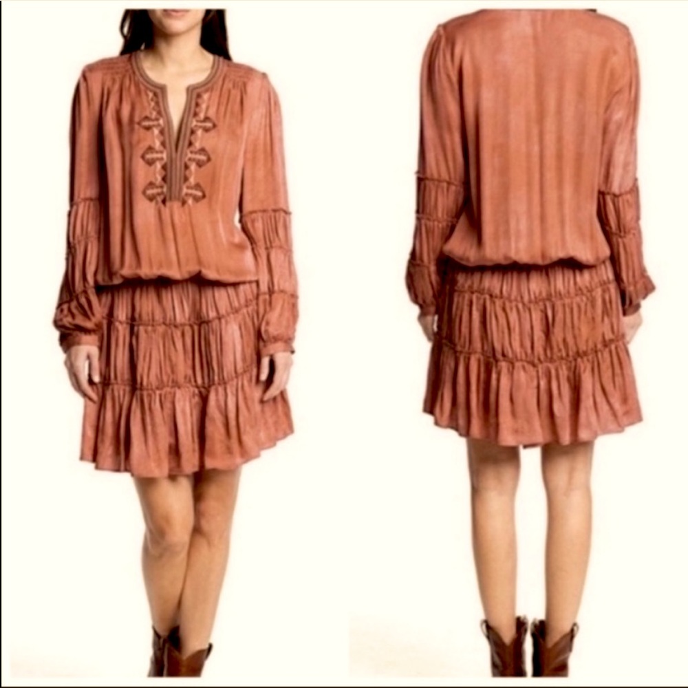 NWT-Chic Bohemian Romance Frye Embroidered Shirred Long Blouson Sleeve Dress